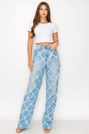 40566 Women's High Rise Loose Fit Jeans w/ Crisscross Frayed Denim Pants
