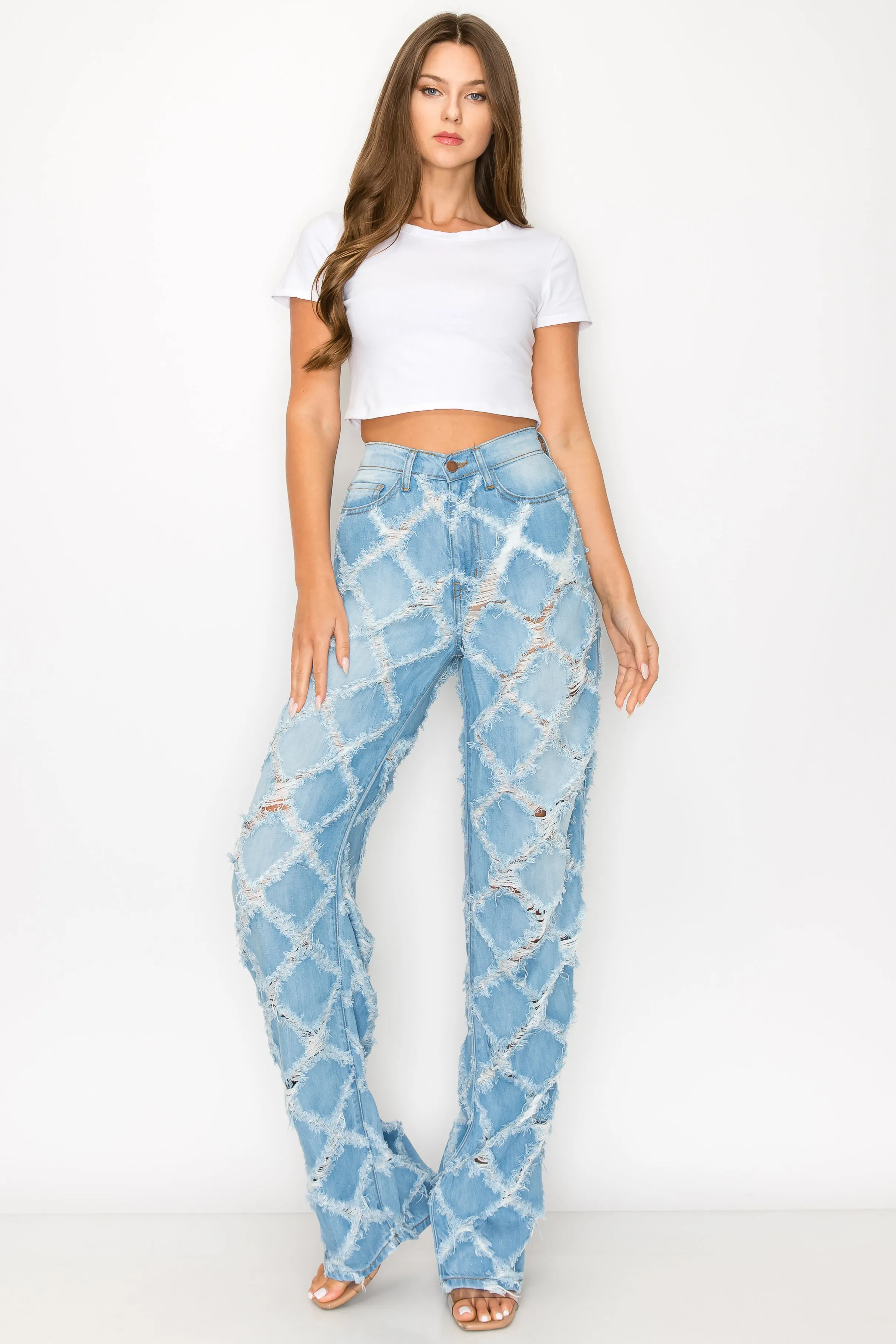 40566 Women's High Rise Loose Fit Jeans w/ Crisscross Frayed Denim Pants