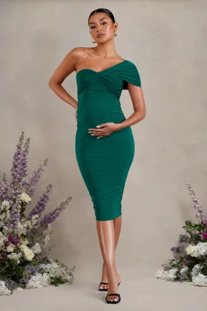 Admired | Bottle Green Ruched One-Shoulder Maternity Midi Dress