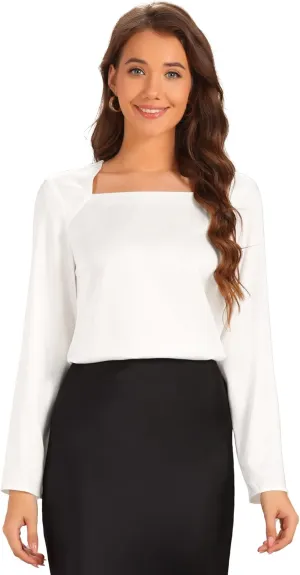 Allegra K Women's Square Neck Top Casual Solid Long Sleeve Loose Flowy Business Blouse Shirt