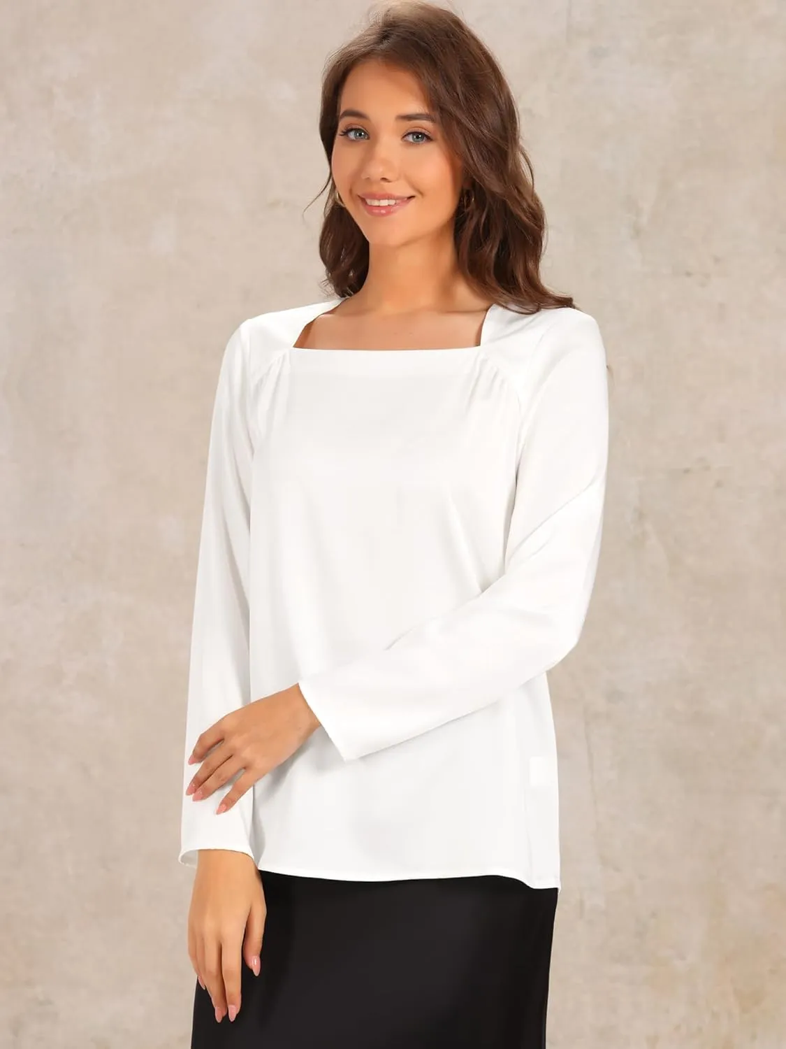 Allegra K Women's Square Neck Top Casual Solid Long Sleeve Loose Flowy Business Blouse Shirt