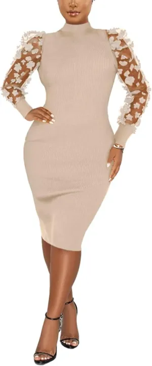 Annystore Women's Elegant Mock Neck Sheer Long Sleeve Mesh Bodycon Dress Ribbed Club Party Pencil Midi Dresses Clubwear