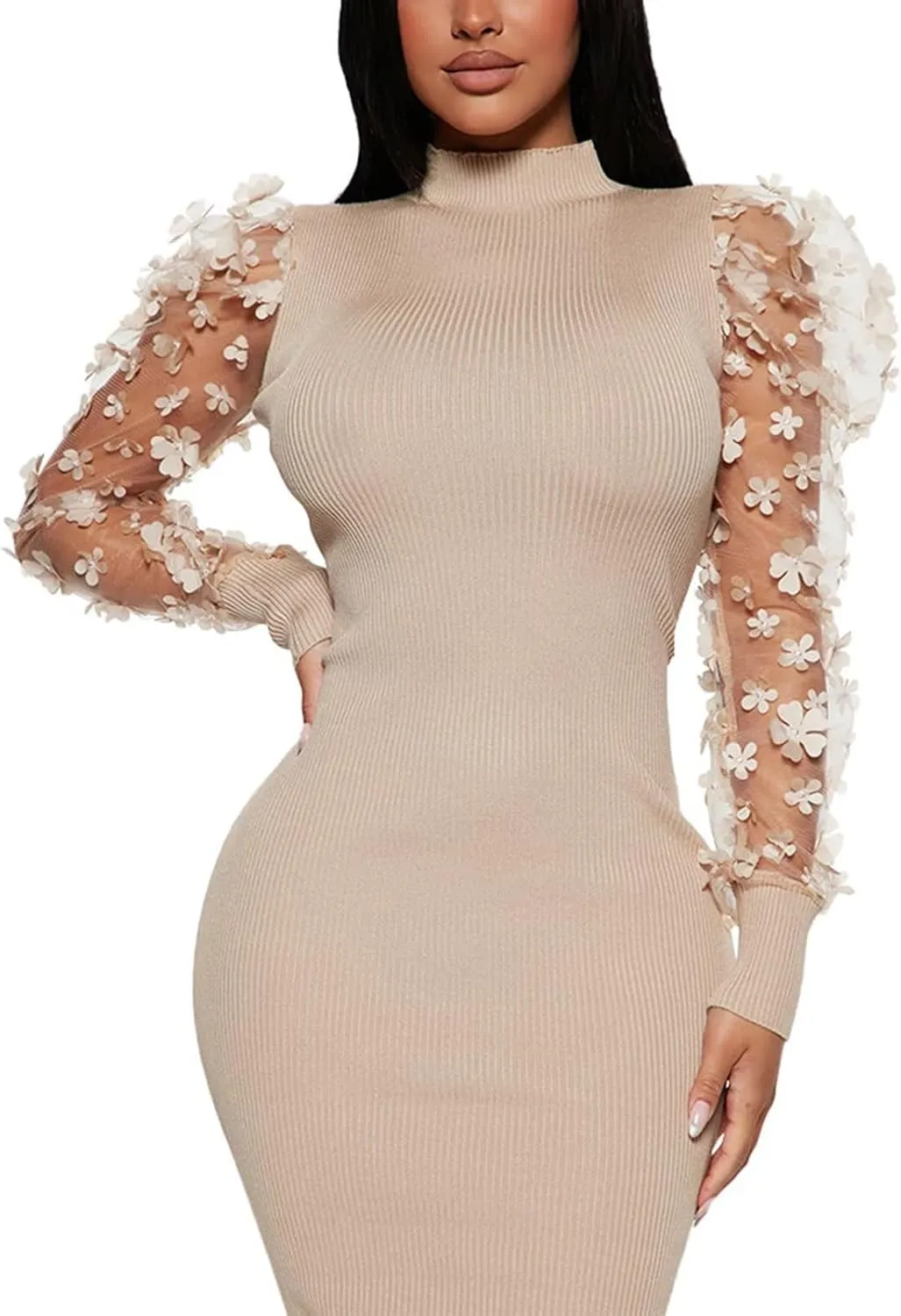 Annystore Women's Elegant Mock Neck Sheer Long Sleeve Mesh Bodycon Dress Ribbed Club Party Pencil Midi Dresses Clubwear
