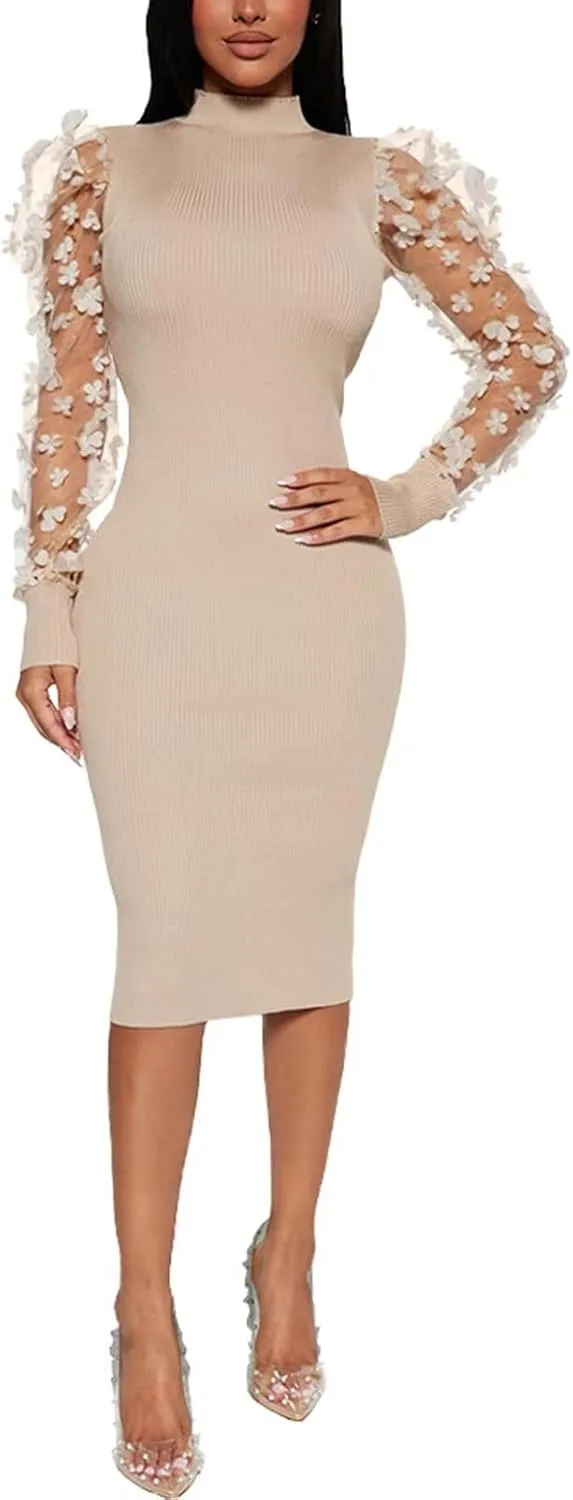 Annystore Women's Elegant Mock Neck Sheer Long Sleeve Mesh Bodycon Dress Ribbed Club Party Pencil Midi Dresses Clubwear