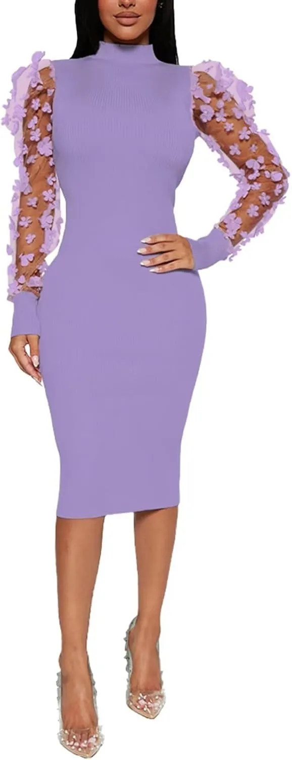 Annystore Women's Elegant Mock Neck Sheer Long Sleeve Mesh Bodycon Dress Ribbed Club Party Pencil Midi Dresses Clubwear