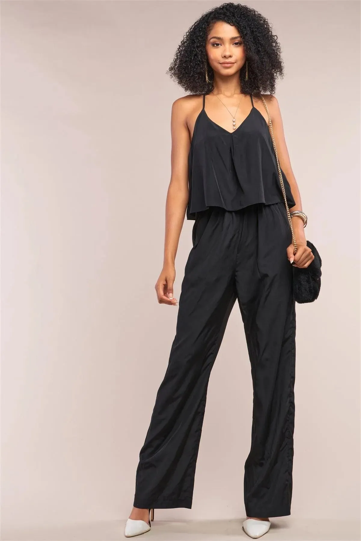 Black Sleeveless V-Neck Wide Leg Jumpsuit /1-2-1