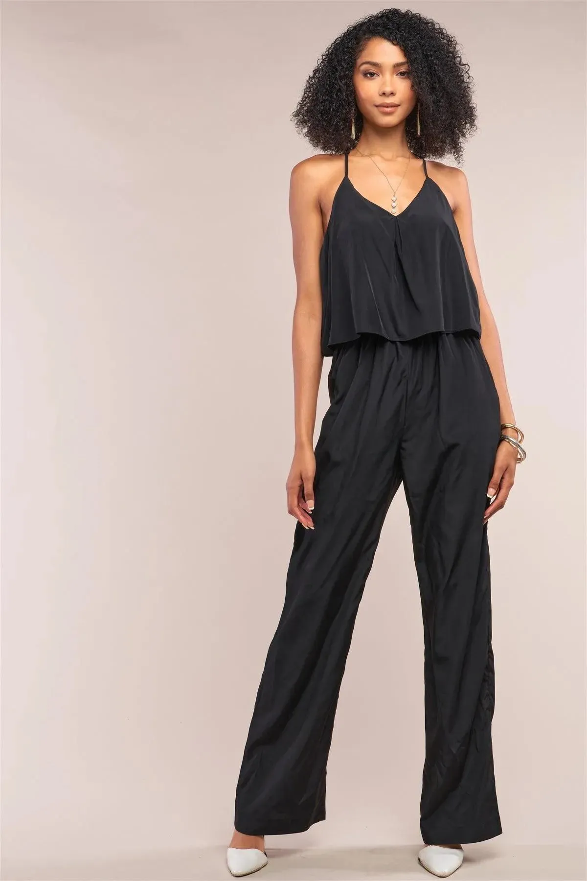 Black Sleeveless V-Neck Wide Leg Jumpsuit /1-2-1