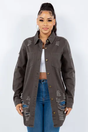 Blue Zone Planet |  American Bazi Distressed Button Up Long Sleeve Denim Jacket
