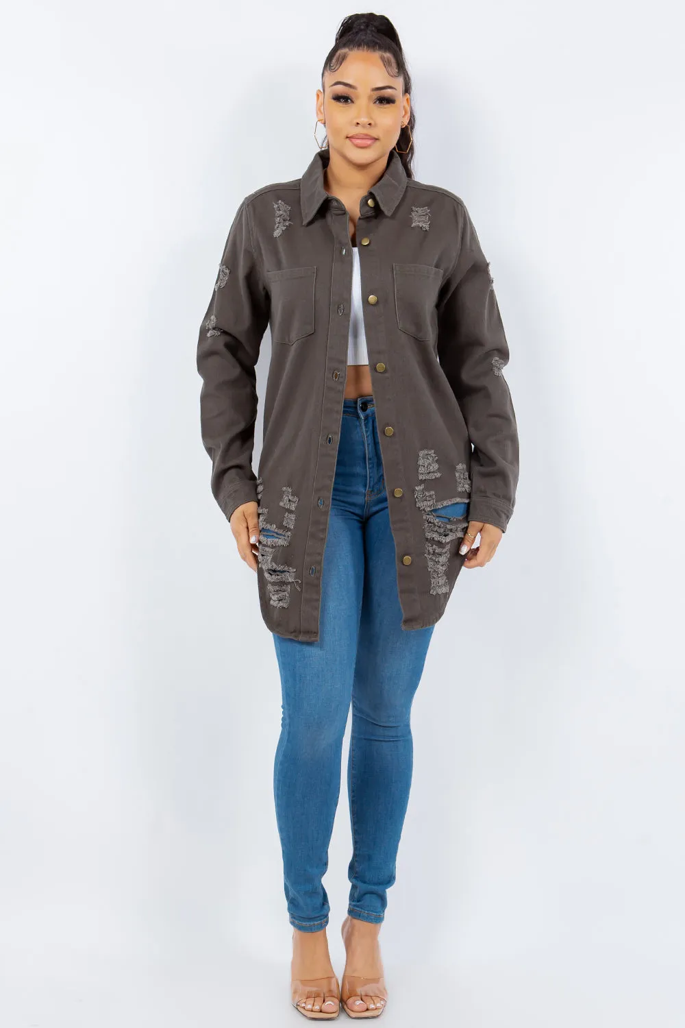 Blue Zone Planet |  American Bazi Distressed Button Up Long Sleeve Denim Jacket