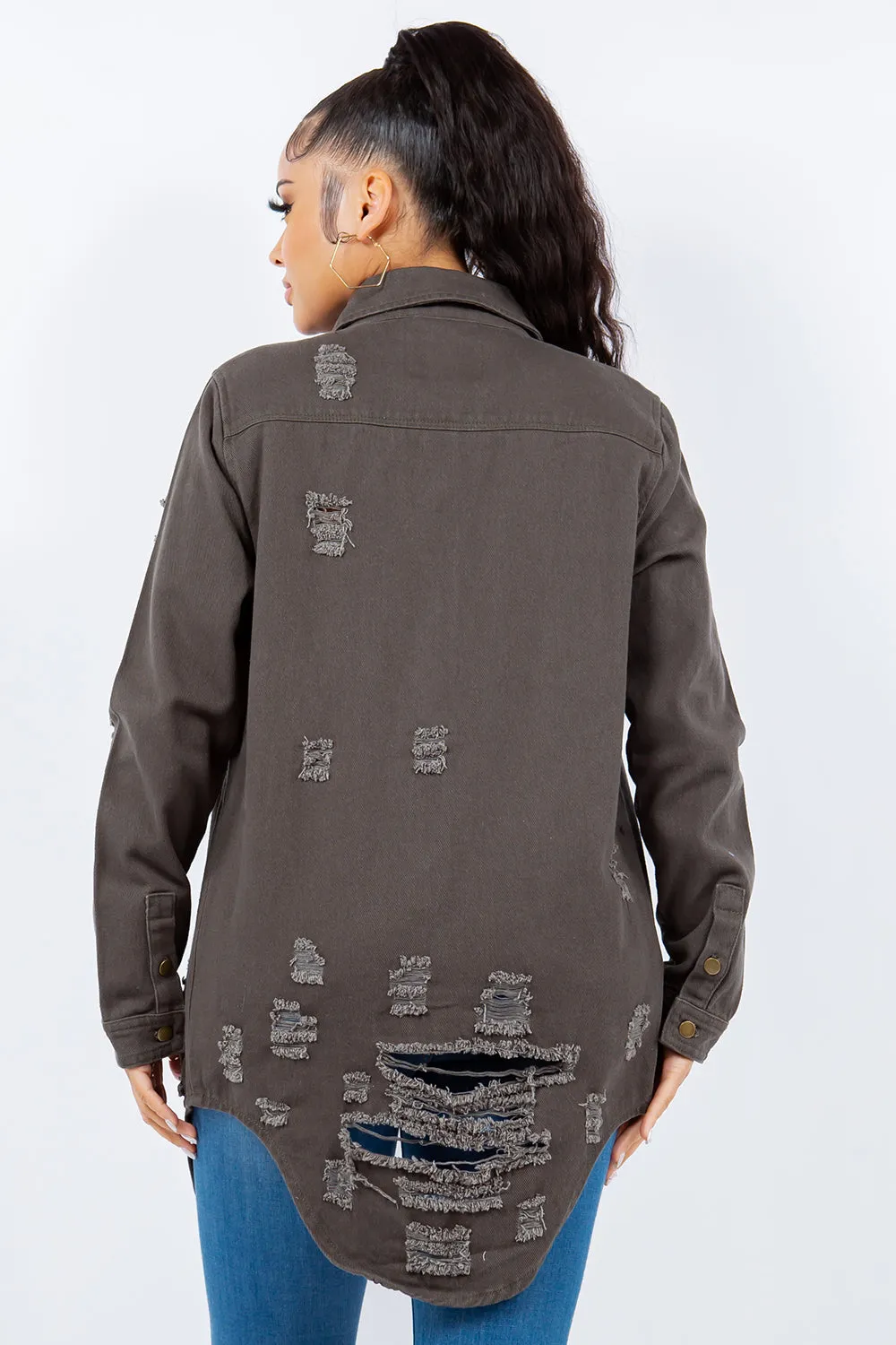 Blue Zone Planet |  American Bazi Distressed Button Up Long Sleeve Denim Jacket