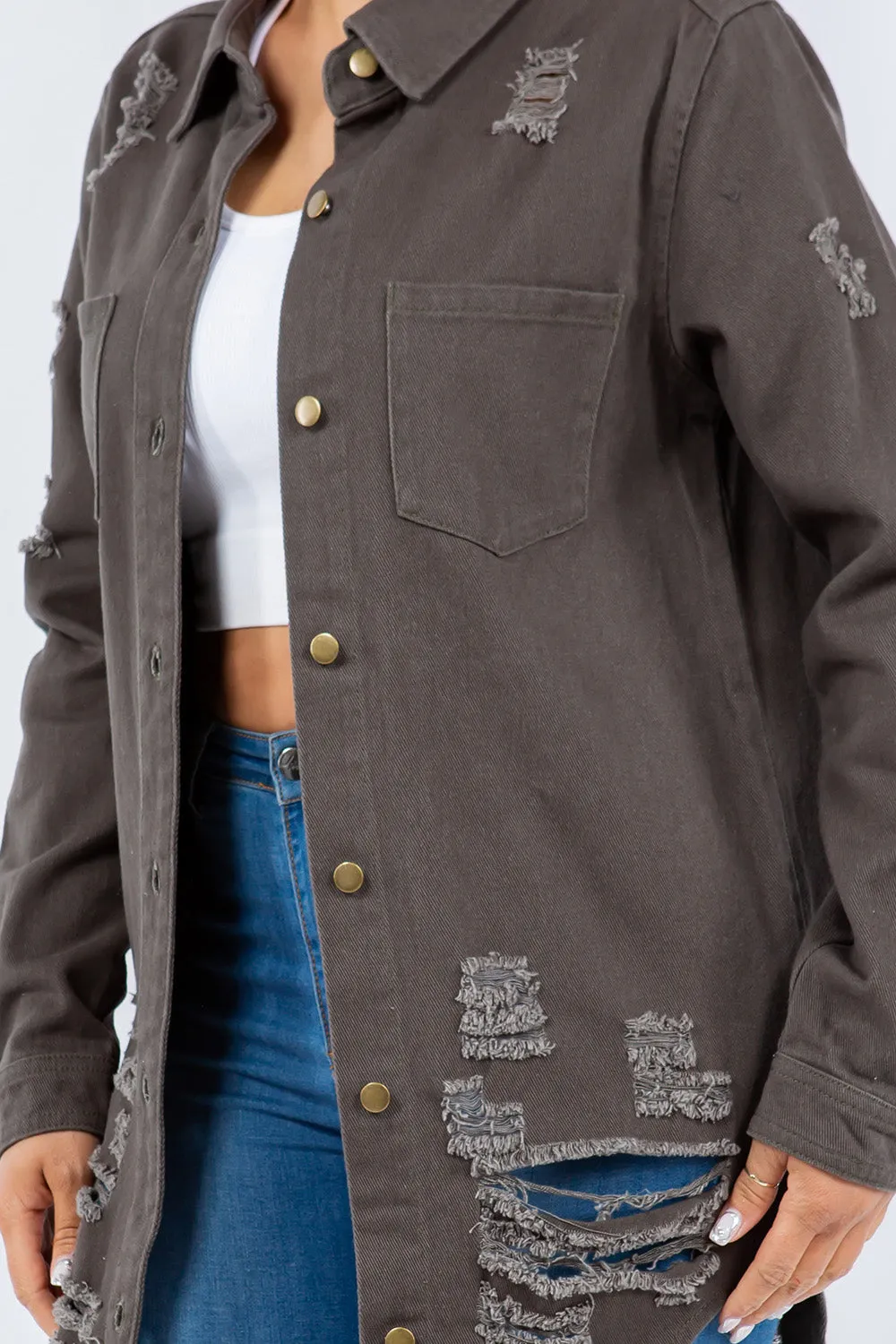 Blue Zone Planet |  American Bazi Distressed Button Up Long Sleeve Denim Jacket
