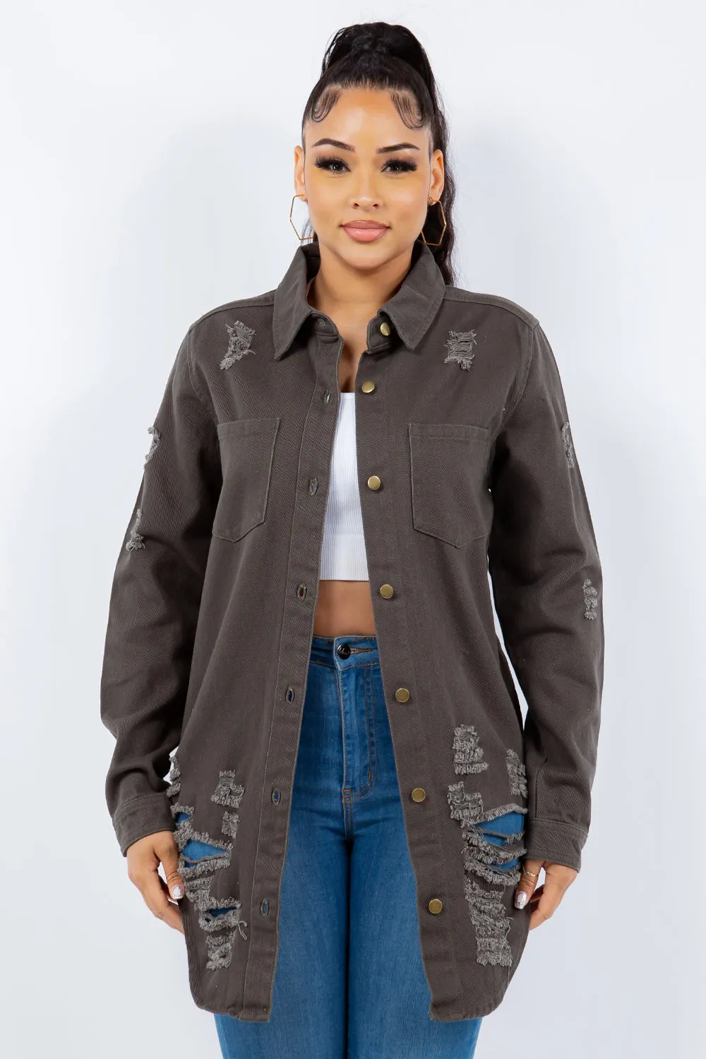 Blue Zone Planet |  American Bazi Distressed Button Up Long Sleeve Denim Jacket