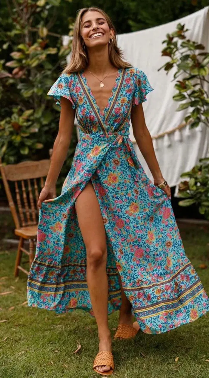 Bohemian Floral Print Maxi Wrap Dress