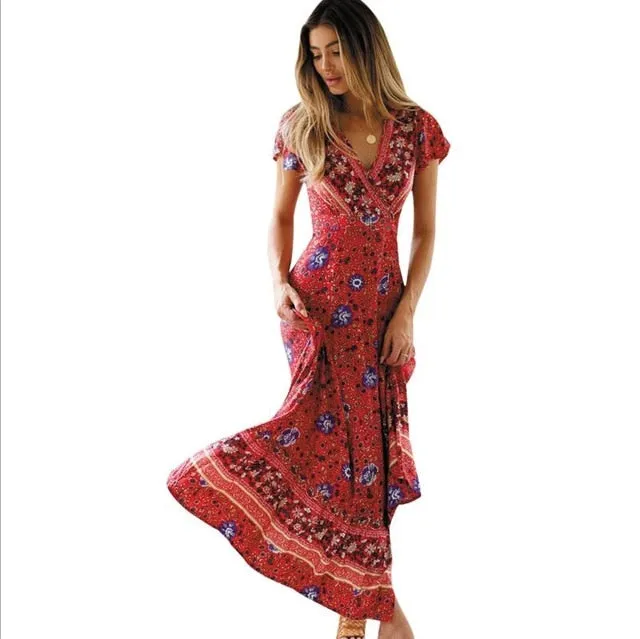 Bohemian Floral Print Maxi Wrap Dress
