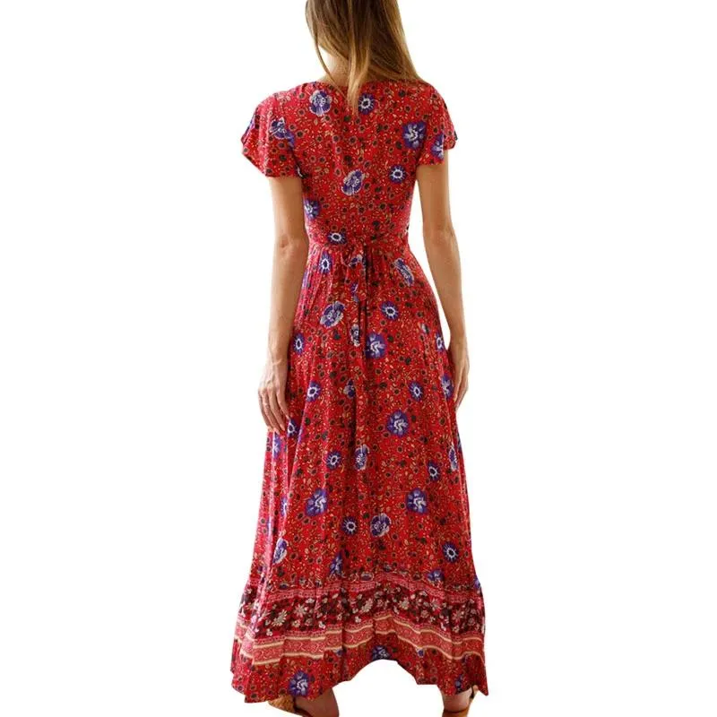 Bohemian Floral Print Maxi Wrap Dress