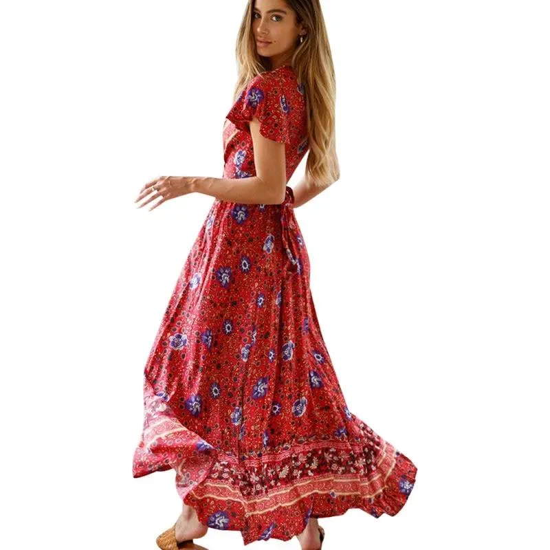 Bohemian Floral Print Maxi Wrap Dress