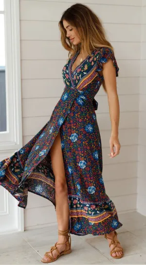 Bohemian Floral Print Maxi Wrap Dress