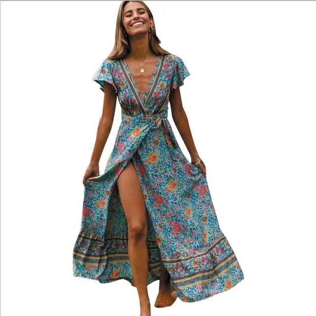 Bohemian Floral Print Maxi Wrap Dress