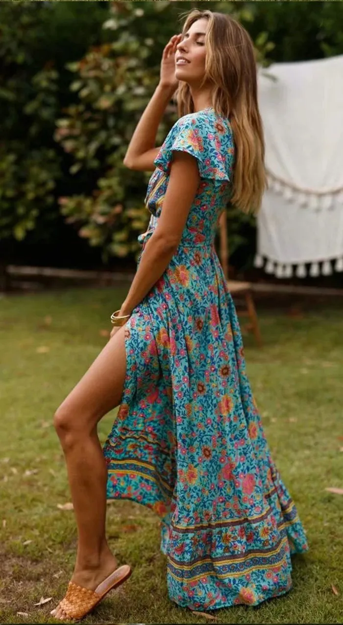 Bohemian Floral Print Maxi Wrap Dress