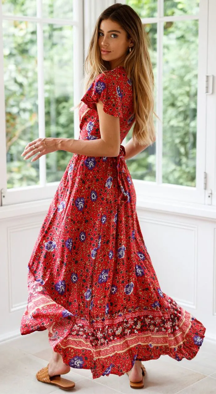 Bohemian Floral Print Maxi Wrap Dress