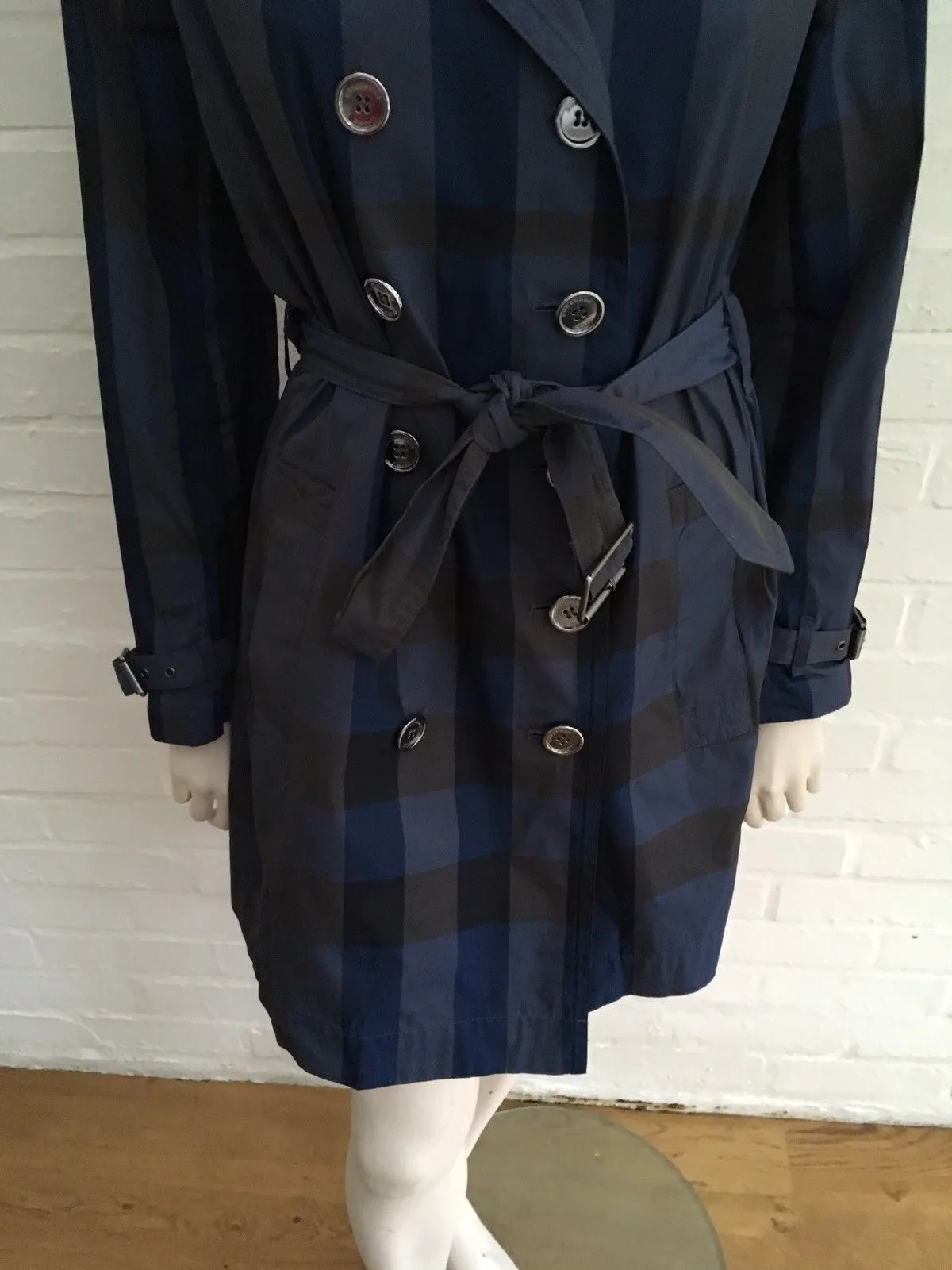 BURBERRY Brit Check Plaid Blue Mid-Length Belted Trench Coat Ladies