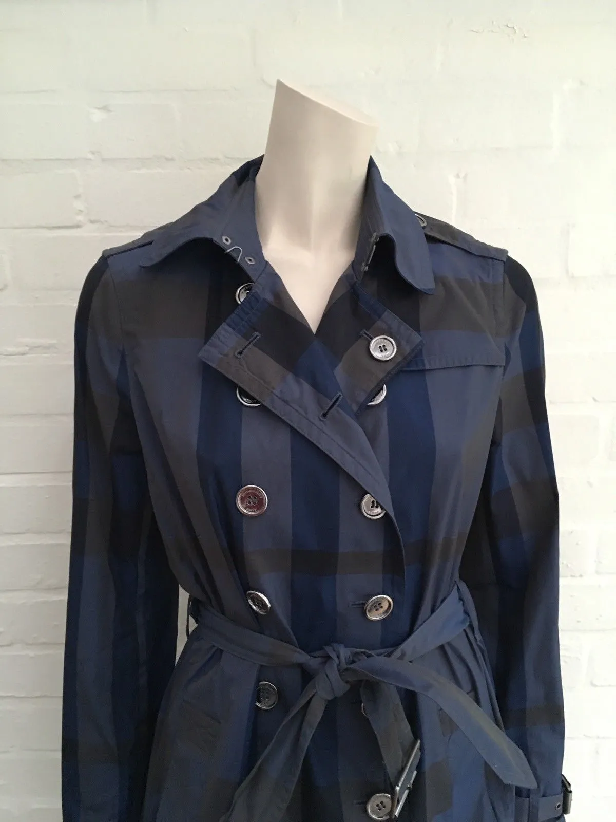 BURBERRY Brit Check Plaid Blue Mid-Length Belted Trench Coat Ladies