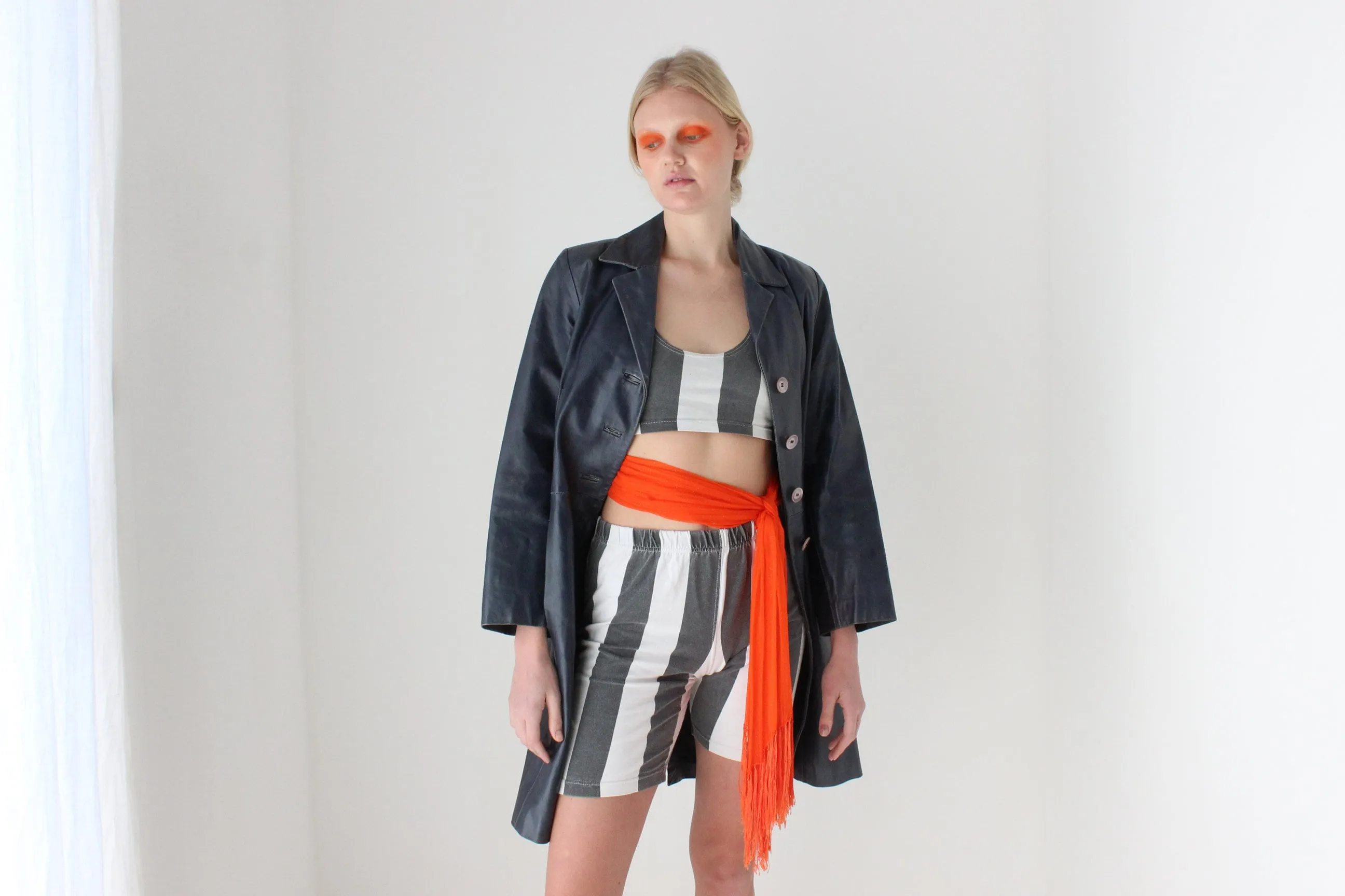 Characterful 90s Navy Blue Italian Leather Trench Coat