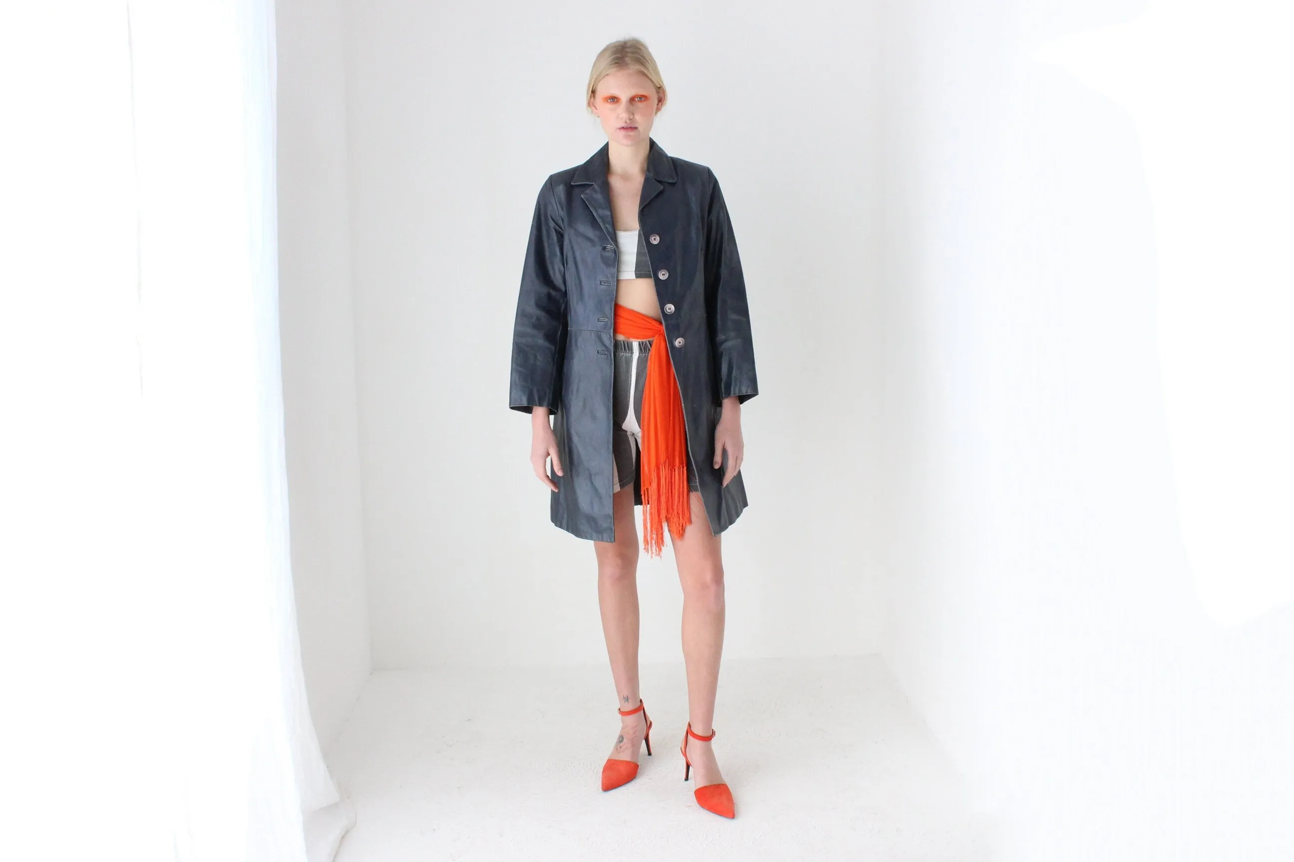 Characterful 90s Navy Blue Italian Leather Trench Coat