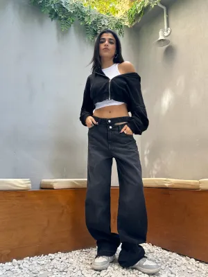 Charcoal Black Double Waisted Straight Leg Jeans.