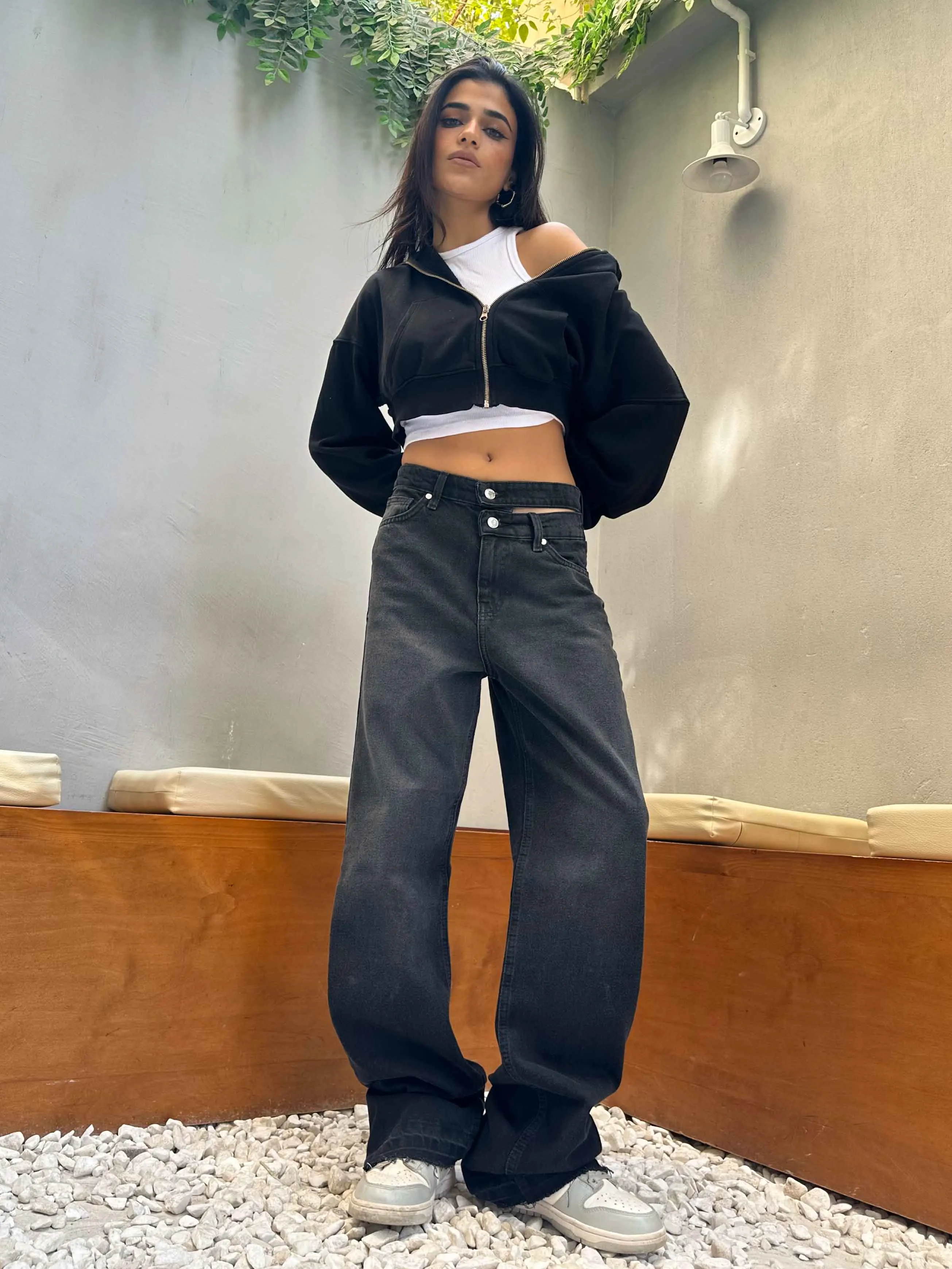 Charcoal Black Double Waisted Straight Leg Jeans.