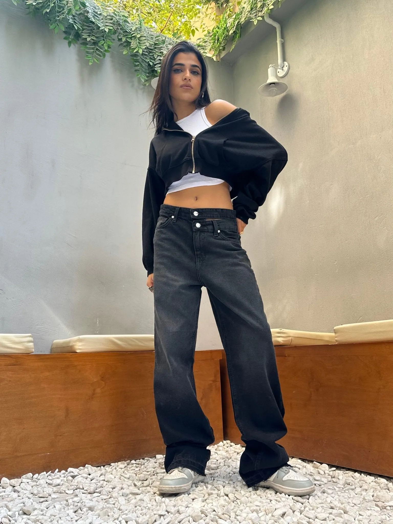 Charcoal Black Double Waisted Straight Leg Jeans.