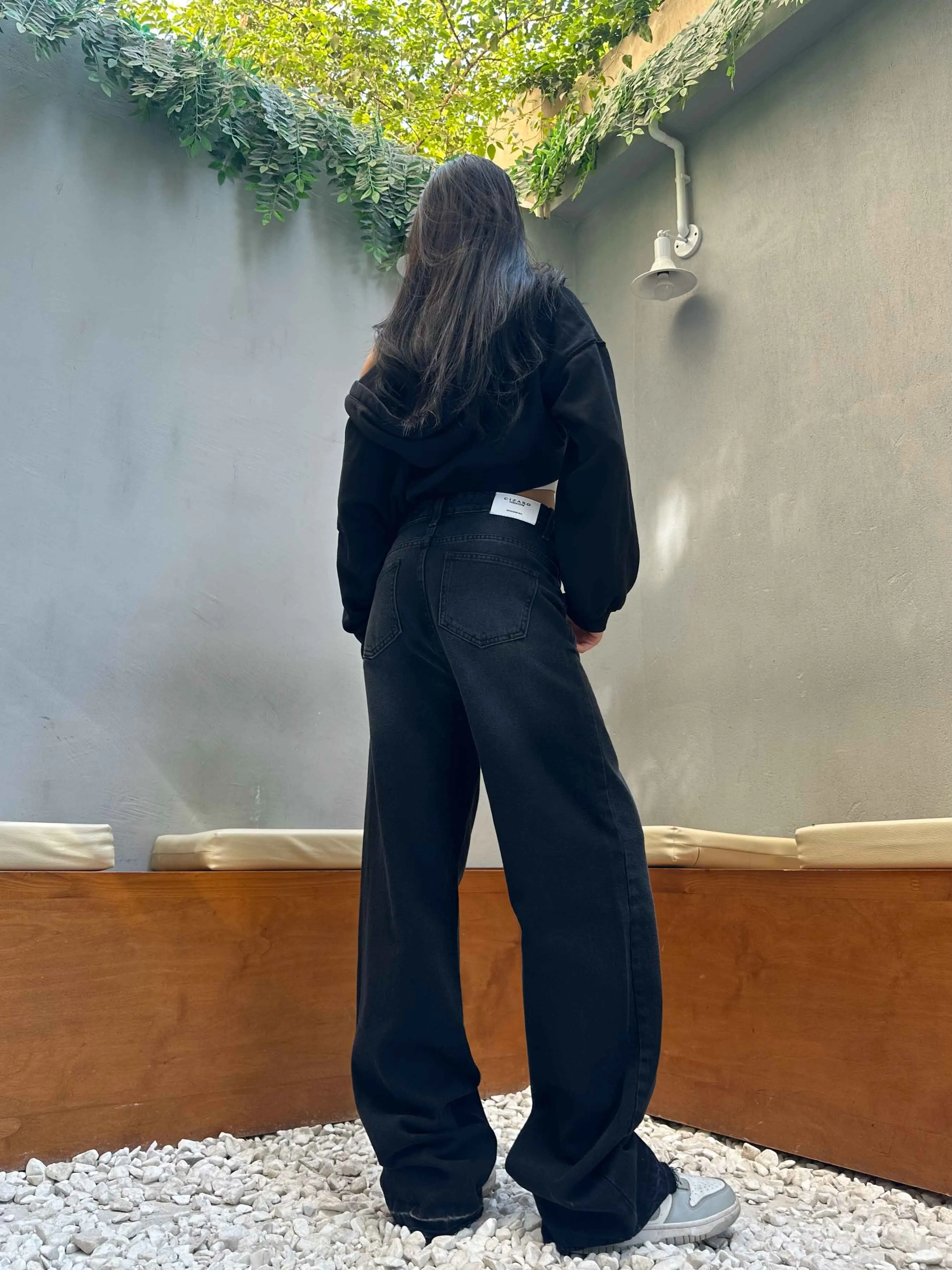 Charcoal Black Double Waisted Straight Leg Jeans.