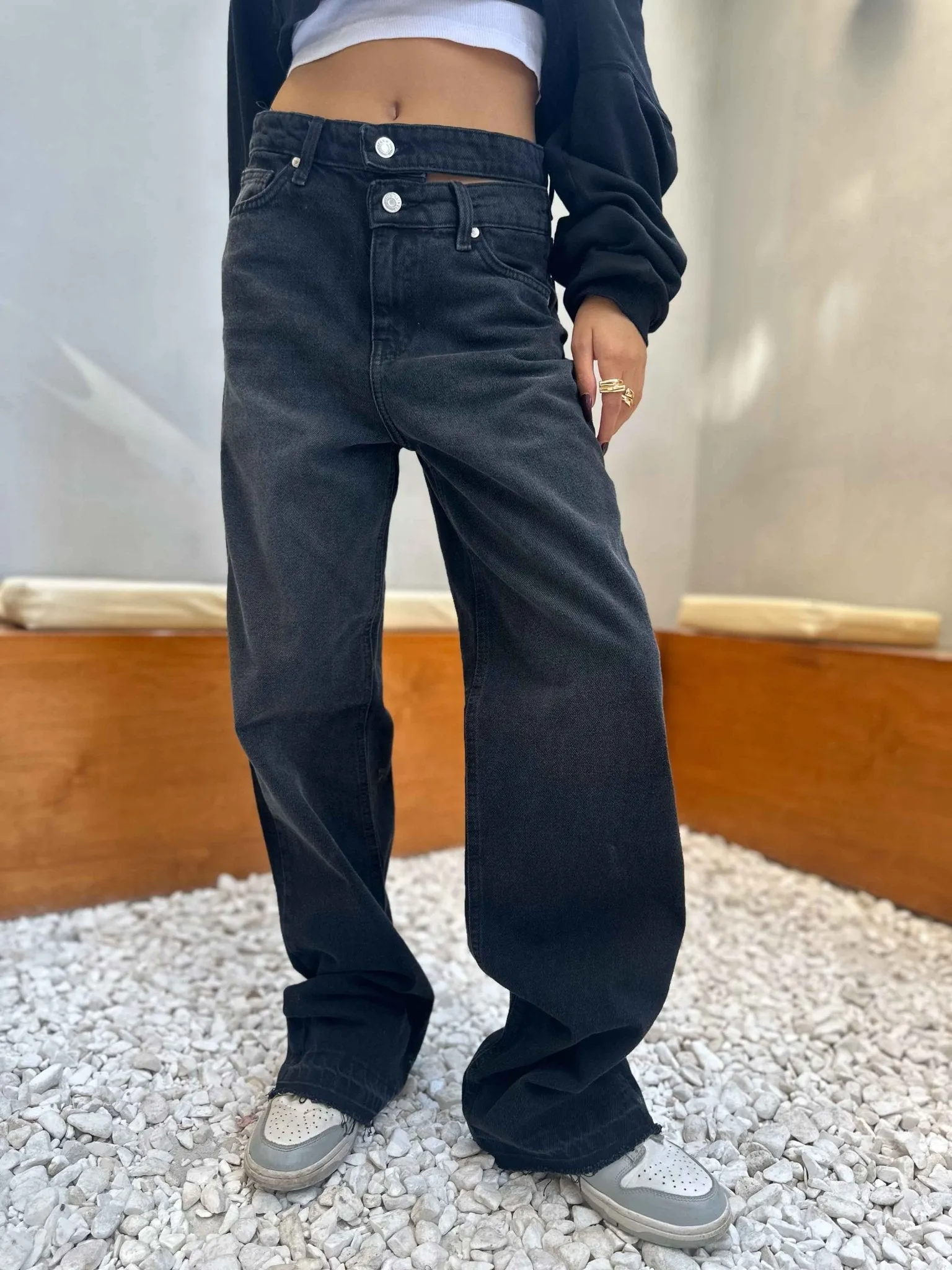 Charcoal Black Double Waisted Straight Leg Jeans.