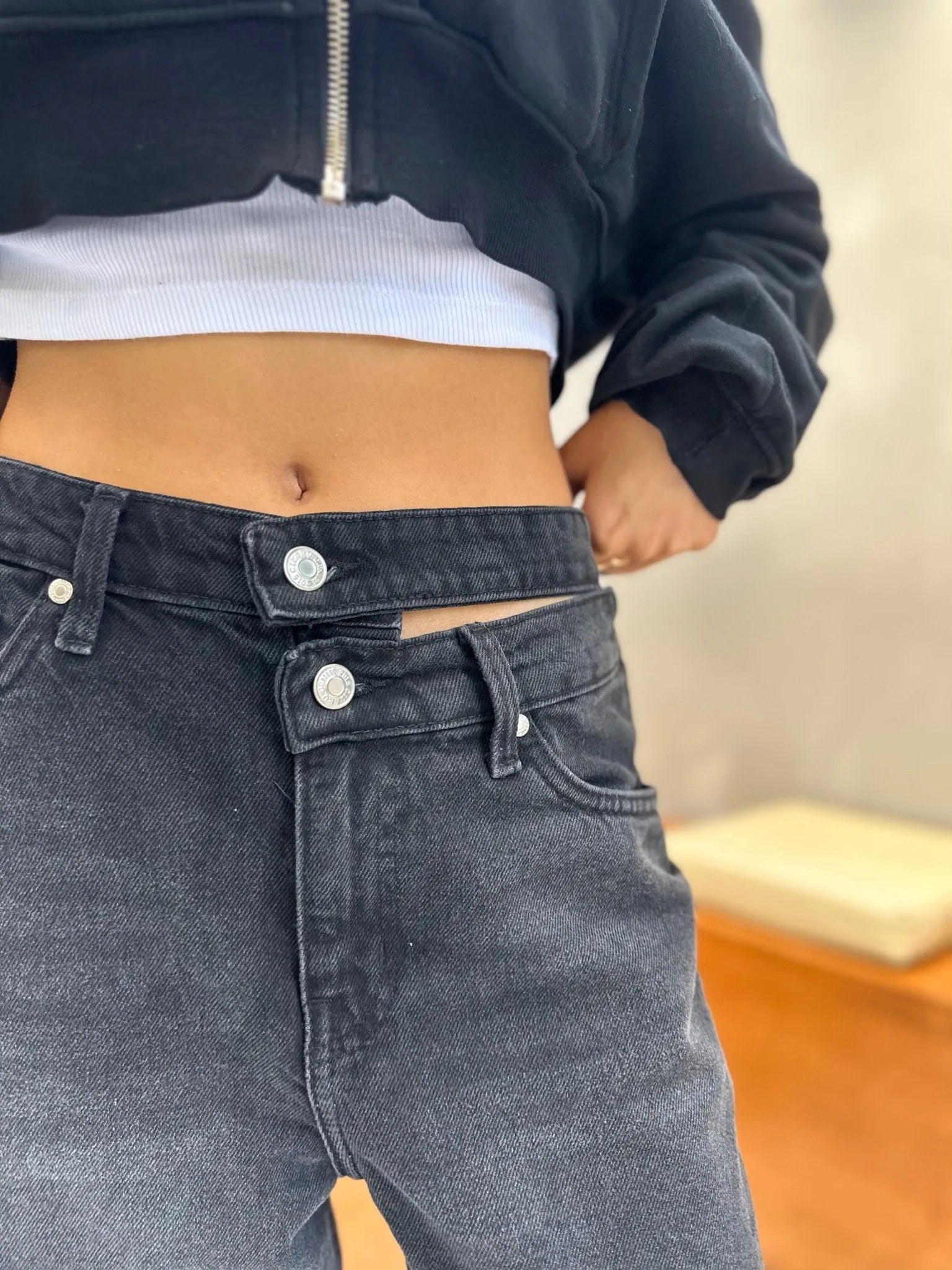 Charcoal Black Double Waisted Straight Leg Jeans.