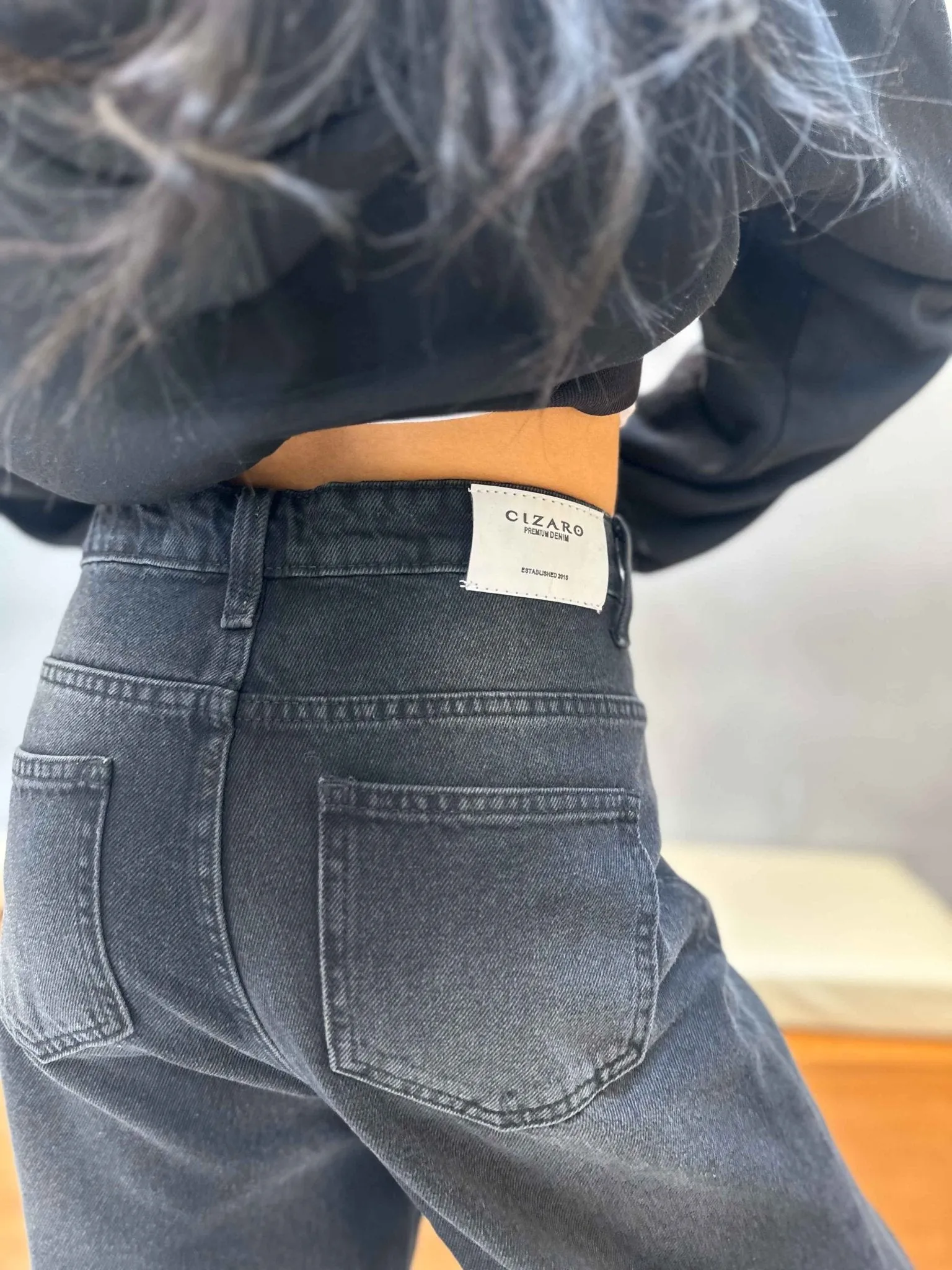 Charcoal Black Double Waisted Straight Leg Jeans.