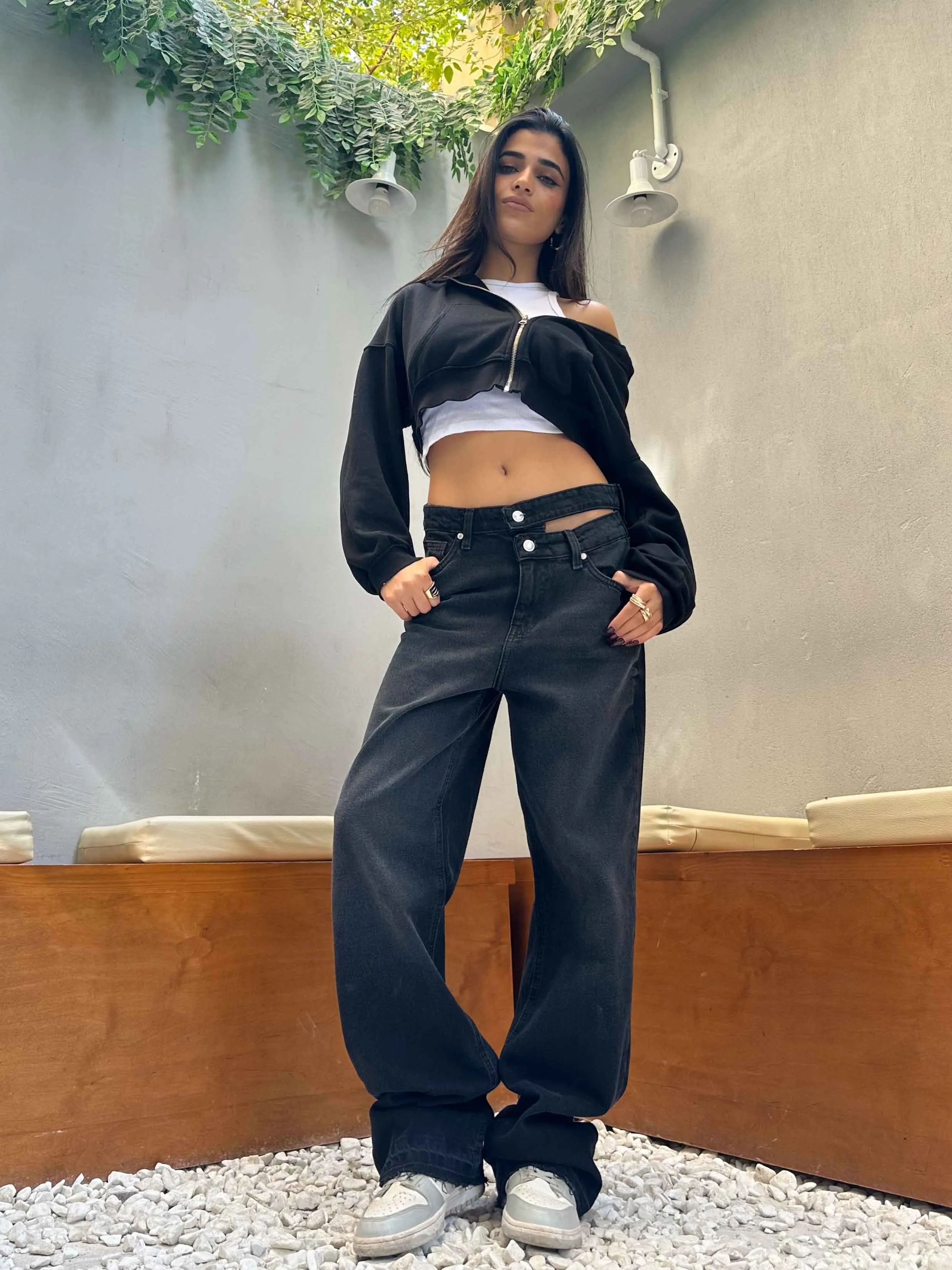 Charcoal Black Double Waisted Straight Leg Jeans.