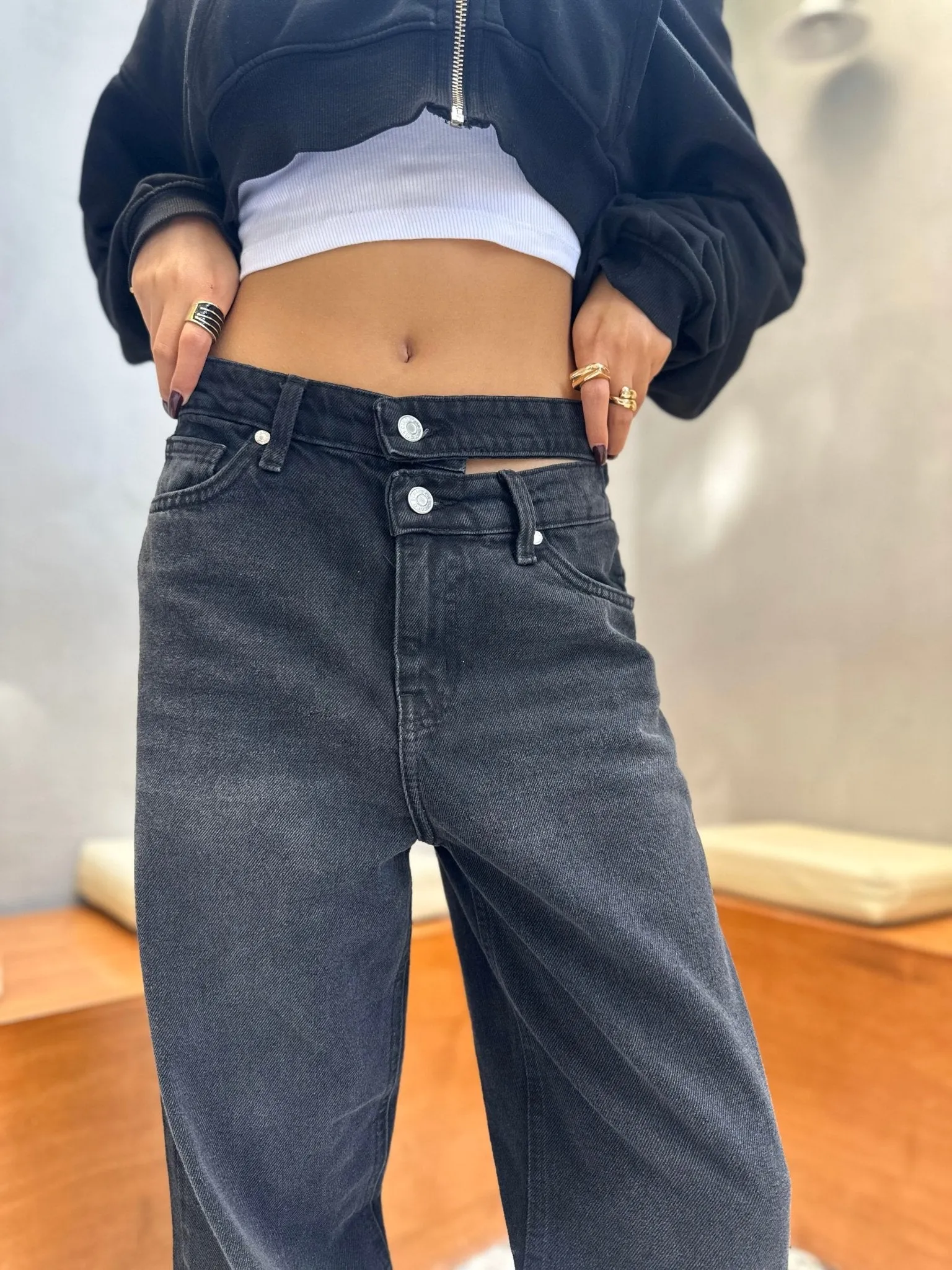 Charcoal Black Double Waisted Straight Leg Jeans.