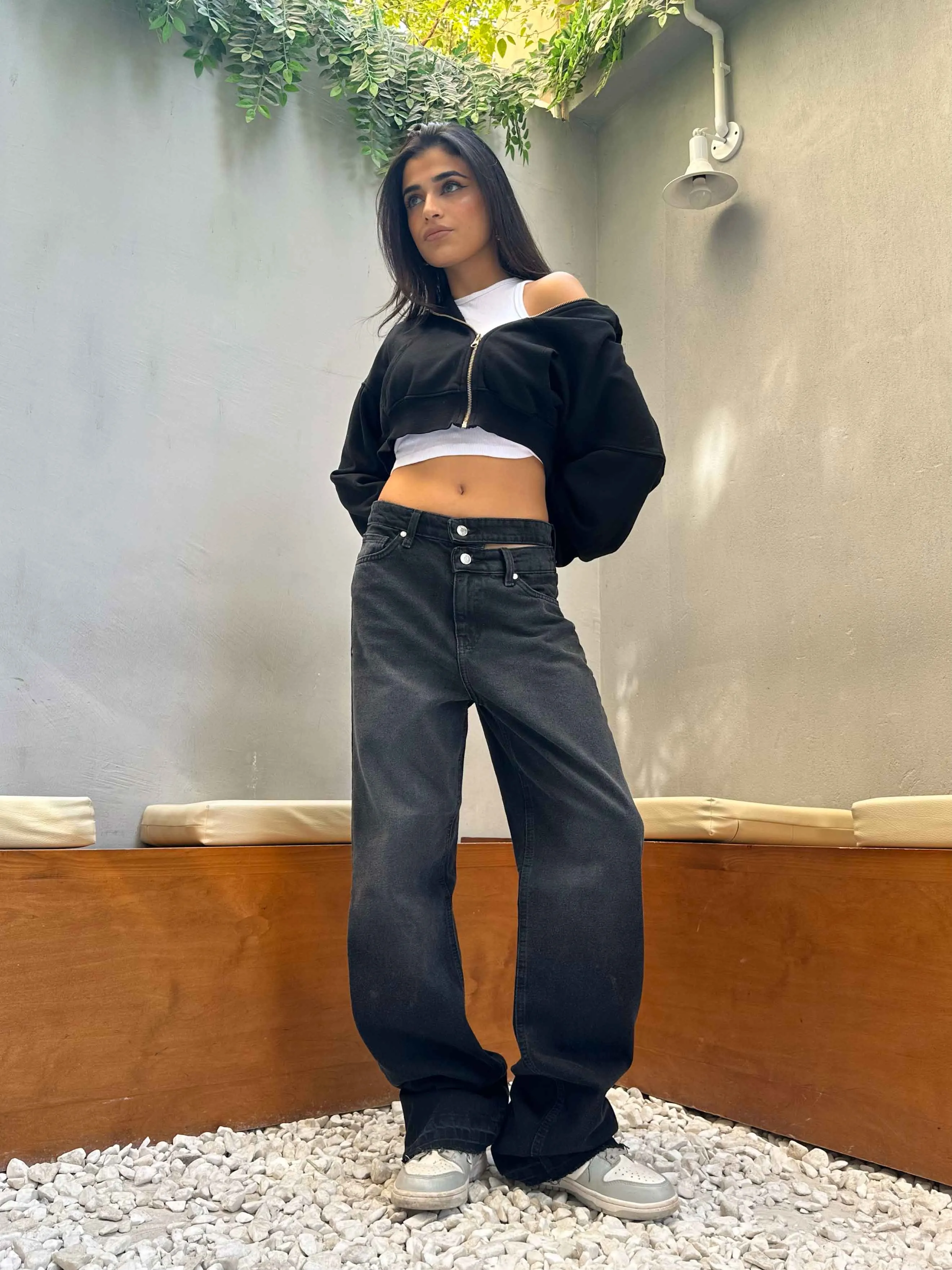 Charcoal Black Double Waisted Straight Leg Jeans.