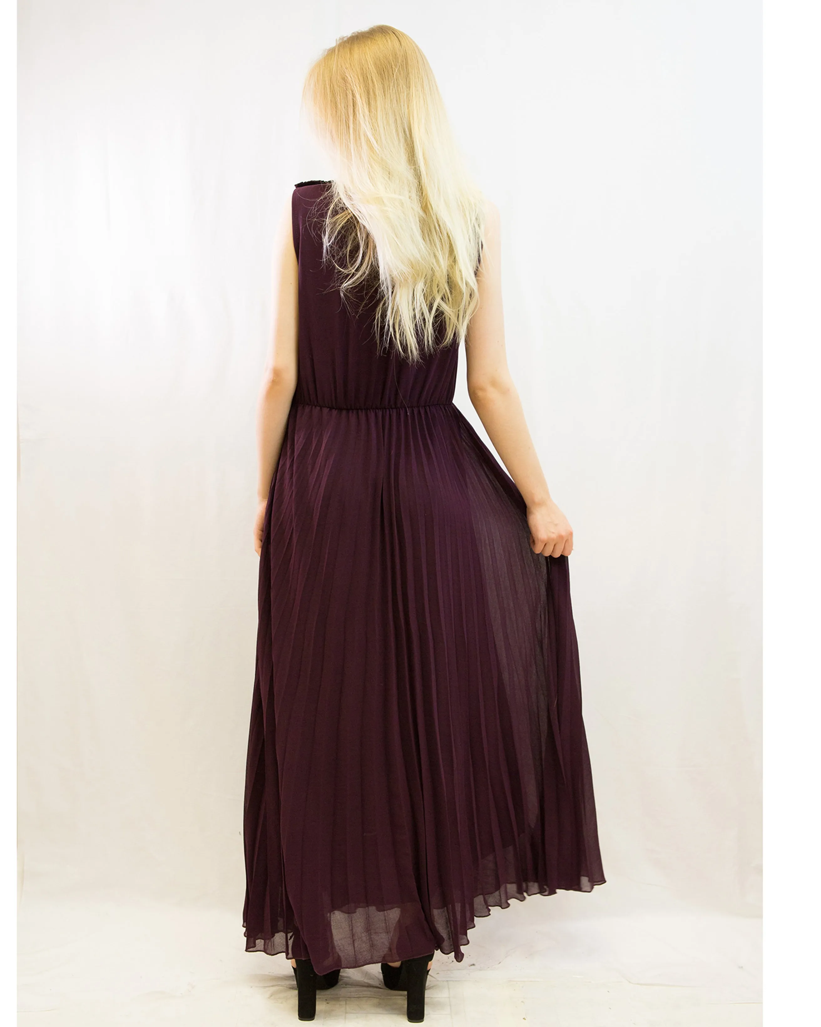 Chiffon pleated full length wedding maxi dress (Burgundy)
