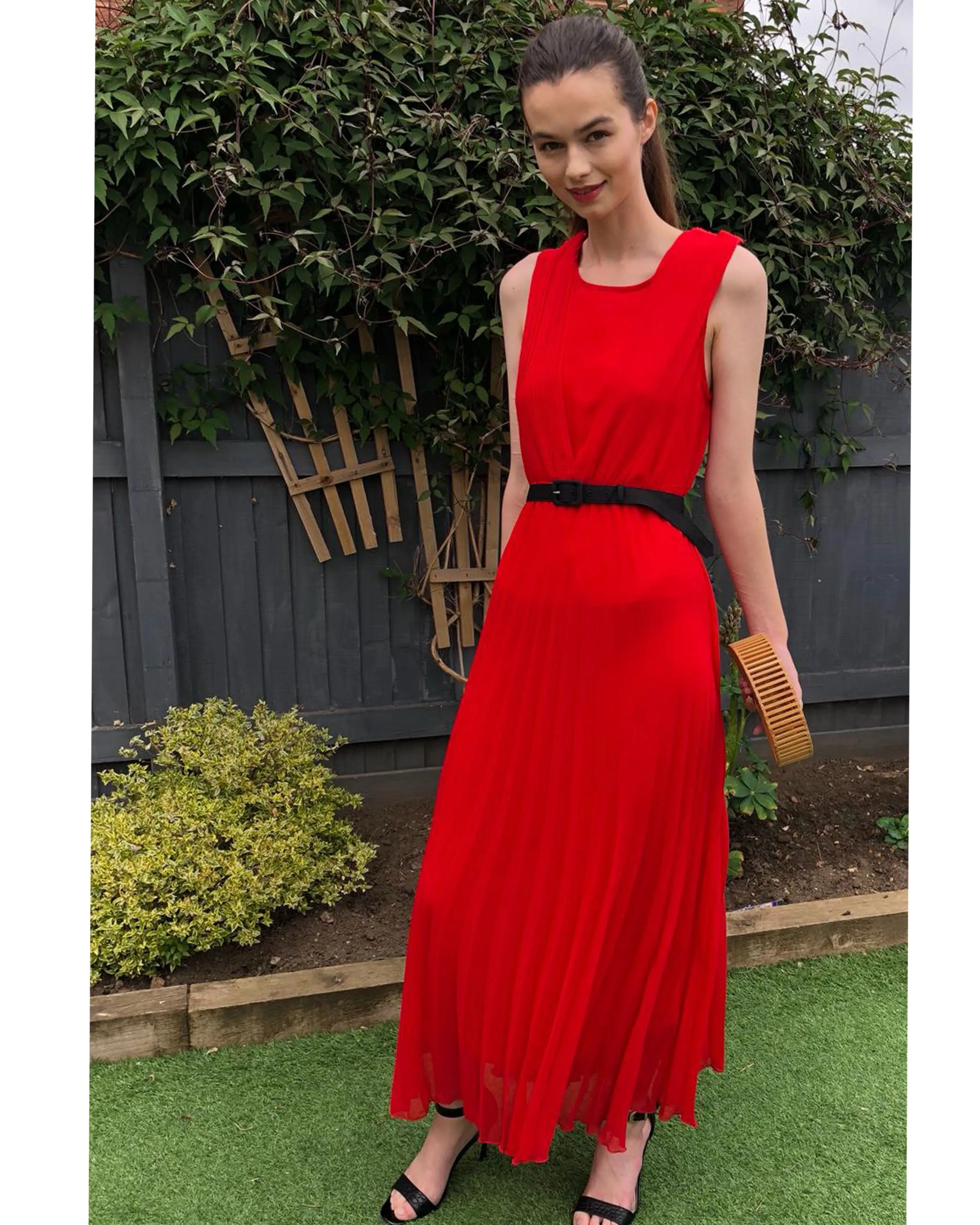 Chiffon pleated full length wedding maxi dress (Red)