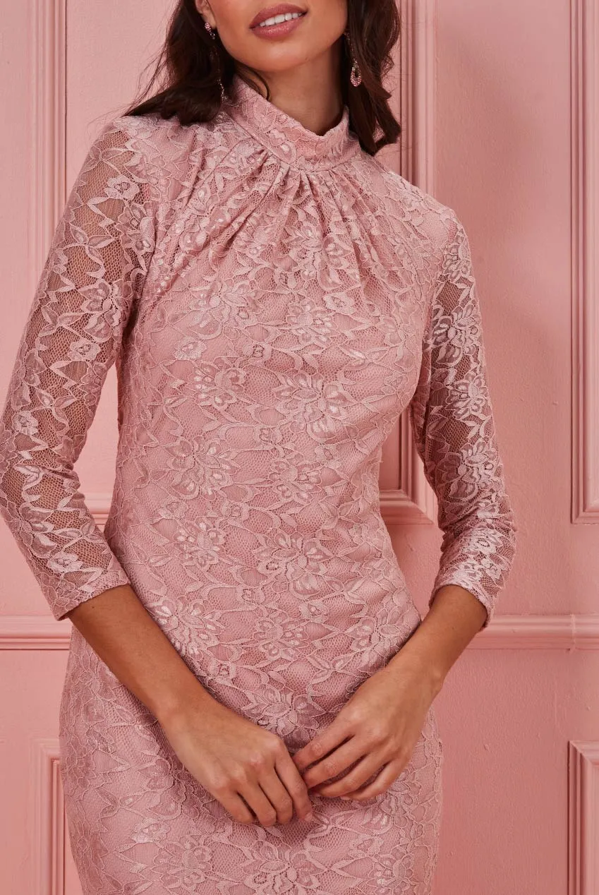 City Goddess High Collar Lace Midi Bodycon Dress