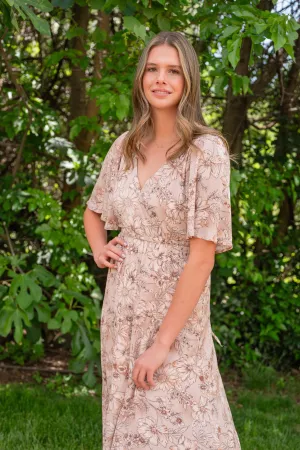 Clearance - Flutter Sleeve V-Neck Maxi Dress W/ Tie Waist
