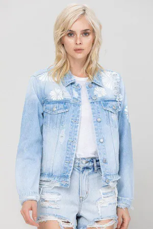 Crop Denim Distressed Flower Jacket