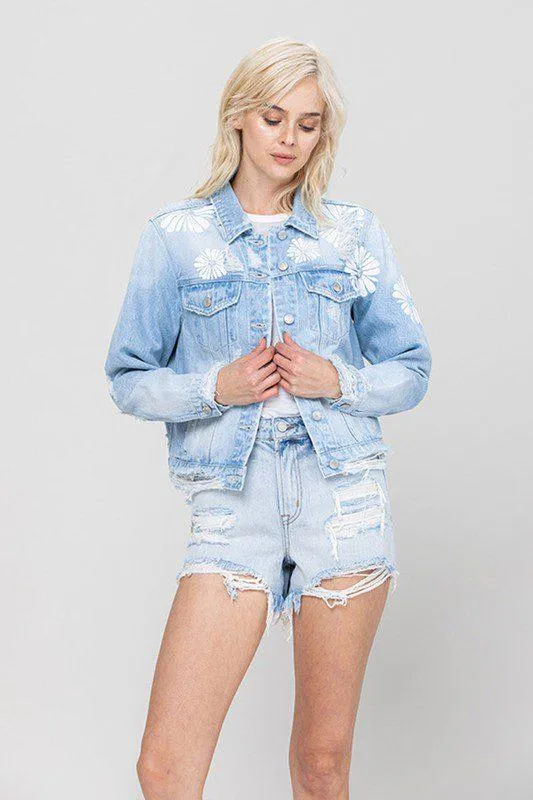 Crop Denim Distressed Flower Jacket
