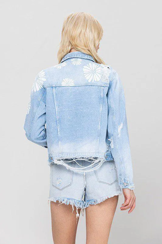Crop Denim Distressed Flower Jacket