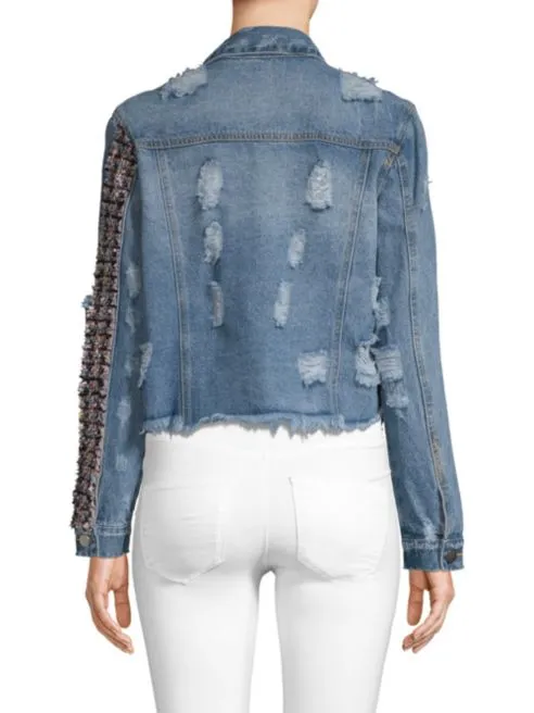 Designer Distressed Denim Jacket with Tweed Accent