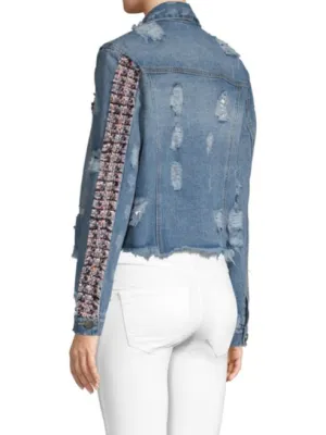 Designer Distressed Denim Jacket with Tweed Accent