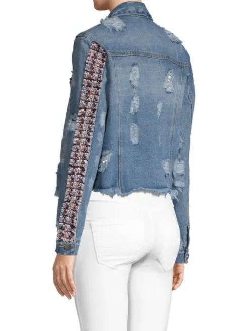 Designer Distressed Denim Jacket with Tweed Accent