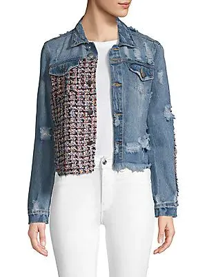 Designer Distressed Denim Jacket with Tweed Accent