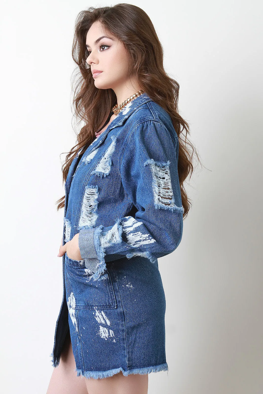 Distressed Bleach Longline Denim Jacket